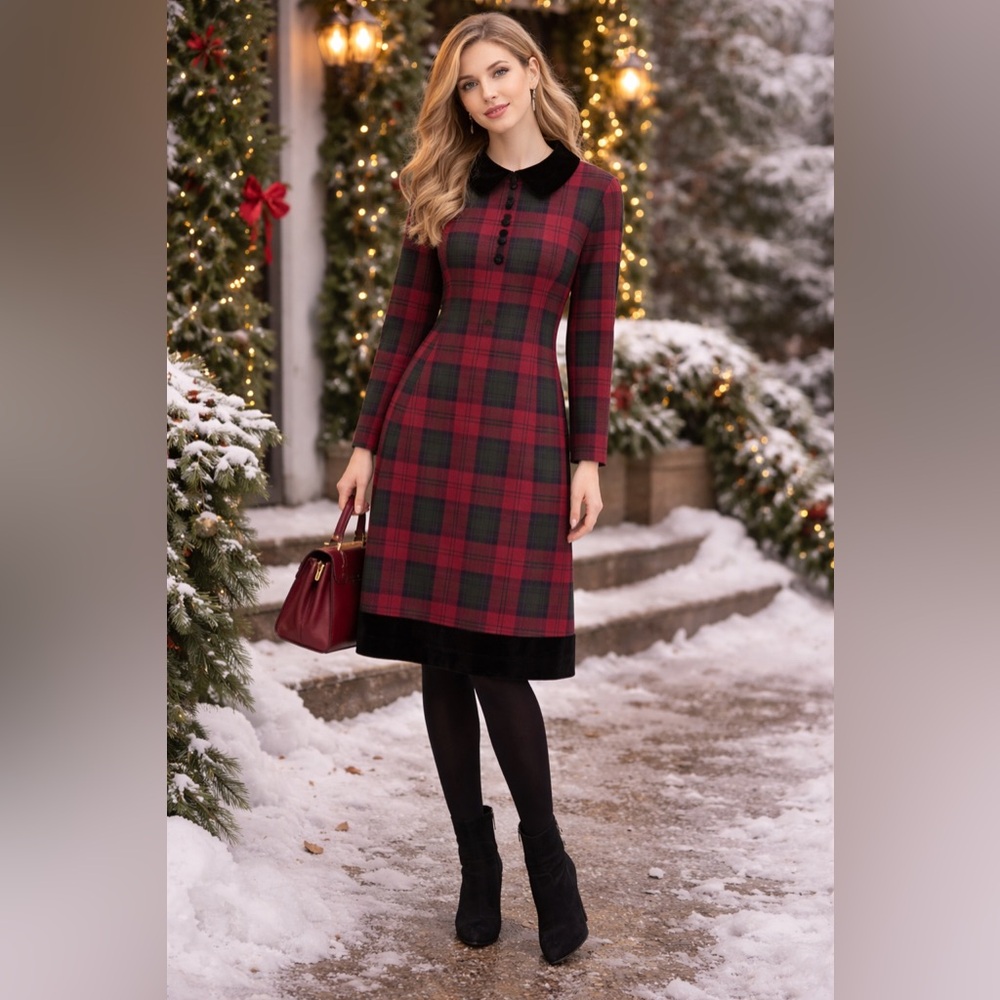Vintage Elena Tartan Plaid Velvet Collar Dress Wool Feel Med?